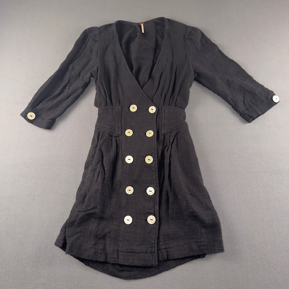 Free People Madeline Mini Dress Black Double Breasted 3/4 Sleeve Pockets XS